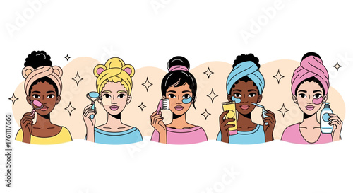 Diverse Women Pampering Themselves with Skincare Routine