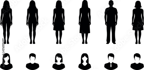 Diverse people silhouettes and headshots collection featuring gender styles, fashion outfits, hairstyle variations, identity comparison, and character representation
