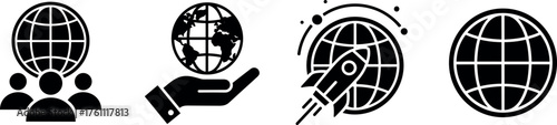 Global Community, Support, Innovation and Connectivity Icons – Black and White Vector Set Representing Earth, Technology, Collaboration and Responsibility