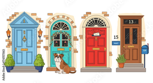Colorful Doors and Bulldog Cartoon Illustration