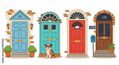 A charming collection of colorful front doors, each with unique architectural details and welcoming touches, including a cute bulldog