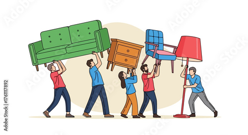 A team of diverse friends collaboratively carrying heavy furniture such as a sofa, armchair, and lamp during a house move