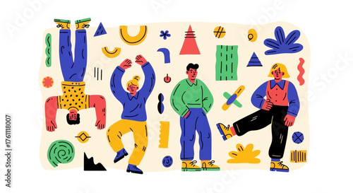 A diverse group of energetic people engaging in joyful activities, surrounded by abstract shapes and patterns