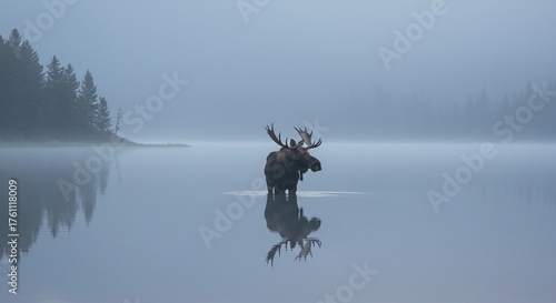 North American Wildlife: Moose Drinking or Wading in a Misty Forest Lake