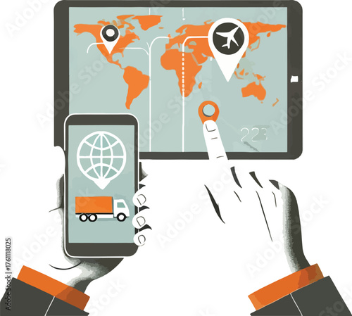 Hands holding devices showing world map and truck delivery