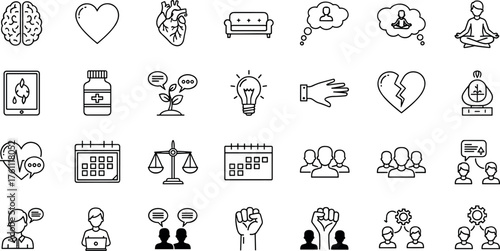 Mental health icons set with therapy, wellness, communication, emotions, mindfulness, support, balance, and social connection in black and white.
