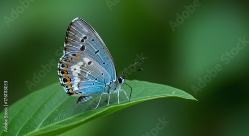 Detailed Wildlife Photo: Side View of a Butterfly with Patterned Wings on a Green Leaf