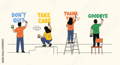 Four People Painting Positive Messages on a Wall Teamwork and Encouragement
