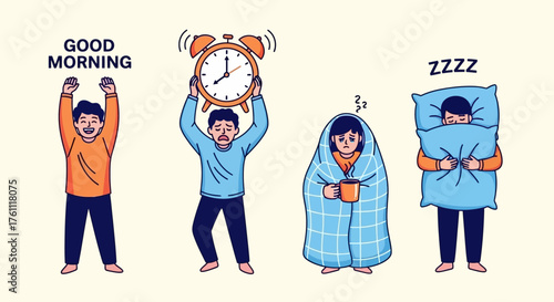 Vector illustration set depicting the diverse emotions and actions of people in the morning, from energetic to struggling to wake up