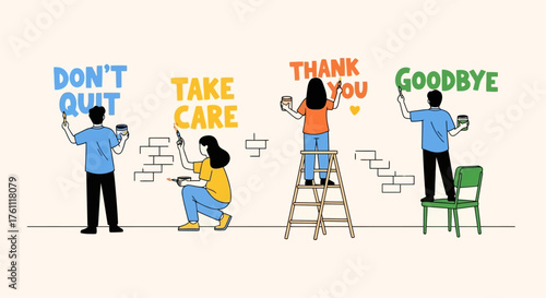 A collection of flat vector illustrations featuring diverse people painting messages of support, care, gratitude, and farewell on a brick wall