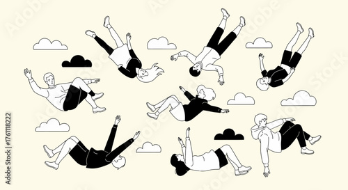 People Falling with Clouds Illustration Depicting Freefall and Weightlessness