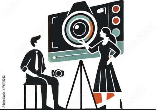 Man and woman with camera on tripod and smaller camera