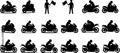 Motorcycle rider silhouettes in racing positions with flagmen icons, ideal for motorsport, biker events, and vector illustration design use.