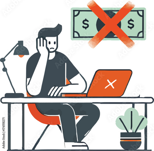 Man at desk looking frustrated with no money symbol