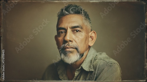man gazing at the camera in a vintage casual shirt, a middle-aged hispanic portrait with a thoughtful expression, suitable for lifestyle, fashion, or branding campaigns