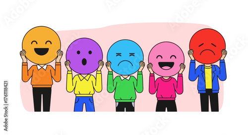 Colorful cartoon illustration depicting diverse human emotions. A group holds expressive emoji-like faces, symbolizing joy, sadness, surprise, and anger