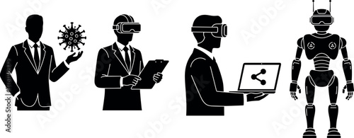 Silhouette business people with virus, VR headset, laptop, and robot icon representing technology, innovation, AI, and digital transformation