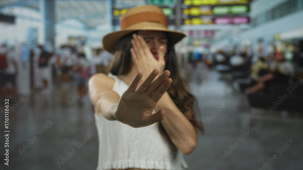 Fototapeta premium Young hispanic woman wearing straw hat holds hand to cheek with pained expression in busy airport terminal; pain.