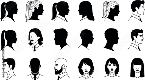 Silhouette vector set of diverse human head profiles, hairstyles, male and female faces, front and side views for design use.