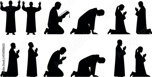 Silhouette vector set of people praying and worshiping in various spiritual poses, ideal for religious, cultural, and meditation themes.