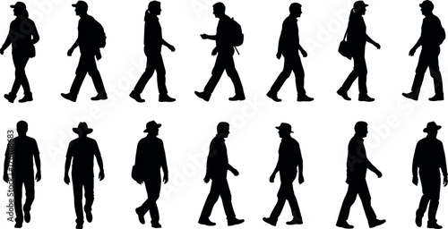 Silhouettes of people walking in various styles and outfits, side view black figures on white background for motion and design concepts.