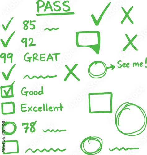 Green hand drawn marks and symbols showing grades and feedback on a white background for education and assessment concepts