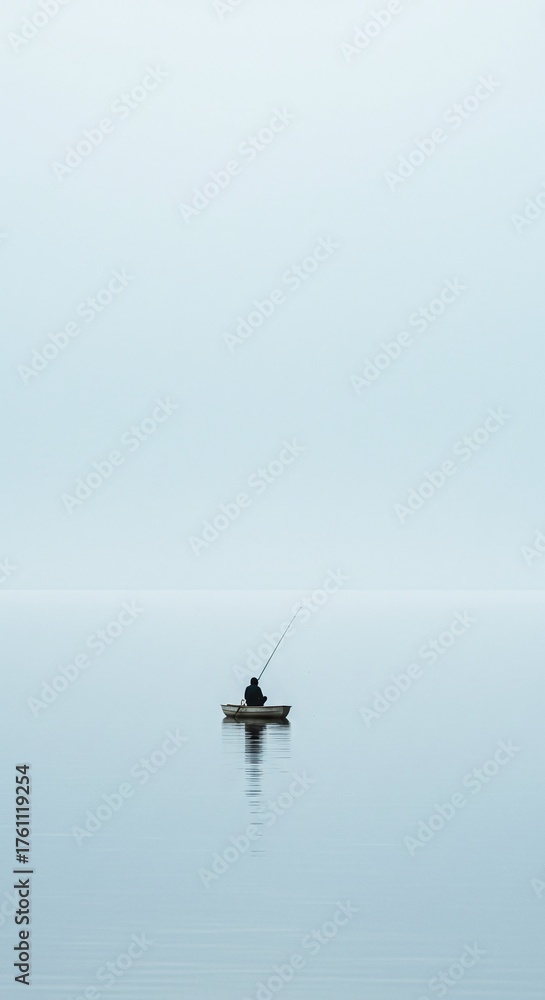 Fototapeta premium Leisure and Contemplation: Quiet Fishing Scene with Soft Blue and Gray Hues