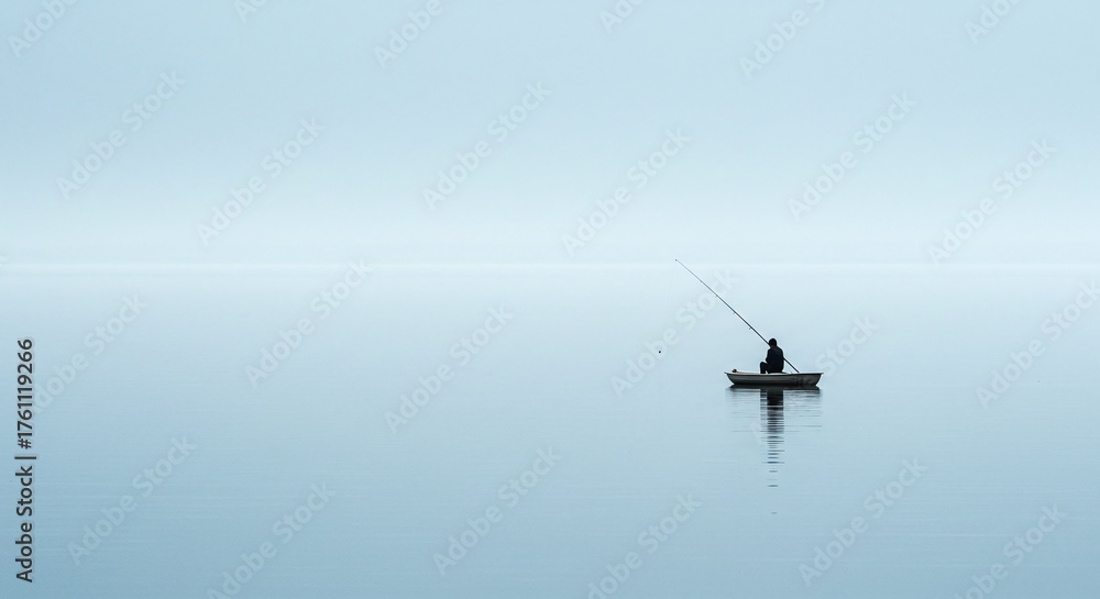 Fototapeta premium Minimalist Horizon: Solitary Fisherman on a Still Lake Against a Pale, Misty Sky