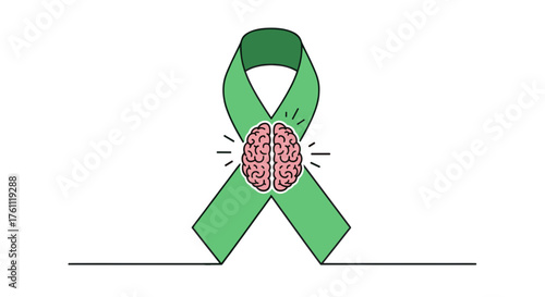 Green awareness ribbon with human brain, symbolizing World Mental Health Day and Stress Awareness Day, promoting mindfulness and emotional wellbeing. Vector illustration