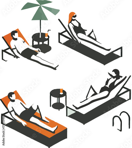 People relaxing on lounge chairs by a pool sunbathing