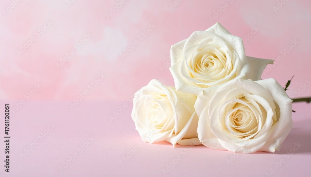 Fototapeta premium Pristine White Roses Bouquet on Soft Pink Background. Elegant Floral Display for Romance and Celebrations.