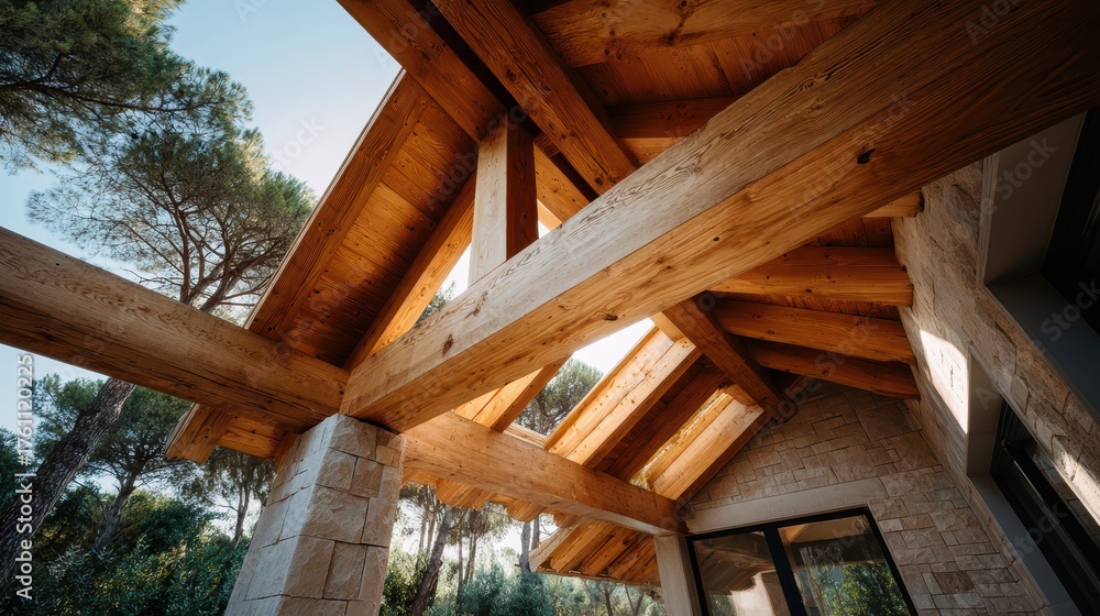 Obraz premium Wooden roof beams and stone wall of modern rustic house in forest