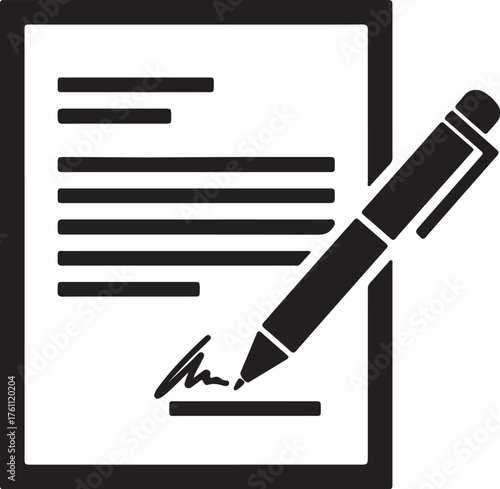 Black Silhouette of a Pen Signing a Document on a White Background signature writing also transparent background