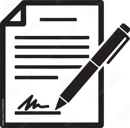 Icon of a Document with Lines of Text and a Pen Signing a Signature Keywords: document, paper, contract, agreement, signature, signing, pen, writing, legal, business, also transparent background