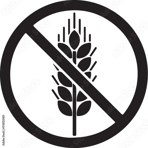 Black and white icon of a wheat stalk crossed out in a circle indicating no gluten Keywords: gluten free, no gluten, wheat, grain, symbol, icon, restriction, also transparent background