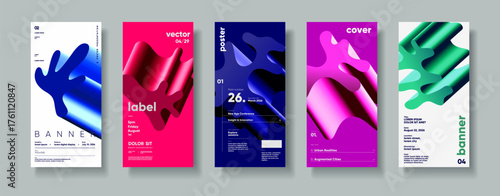 A vibrant collection of modern poster designs featuring abstract shapes and bold colors. Each poster showcases unique layouts with dynamic typography, perfect for events, labels, and banners. 