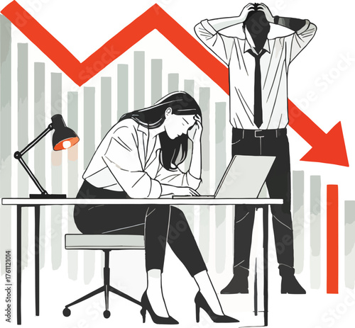 Stressed business people with downward trending graph