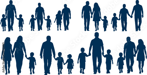 Diverse silhouettes of families walking together holding hands across various generations silhouette