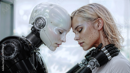 Posthumanism, Transhumanism, Futuristic AI Humanoid Robot Caucasian Woman – Human And Machine Interaction, Artificial Intelligence Love, Romance, Couple, Relationship Between Human And Non-Human