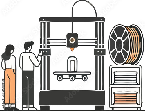 Two people observe 3d printer with filament spool and stacked materials