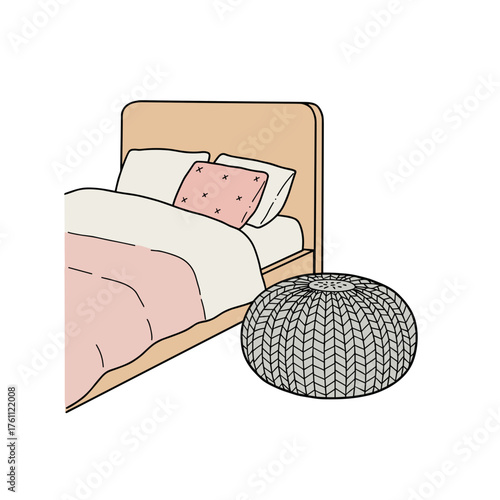 Cozy bedroom setup with a bed and knitted pouf in pastel colors  