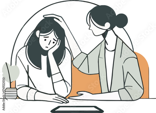 Woman comforting another woman with hand on head support