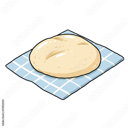 Dough ball resting on blue checkered cloth ready for baking  