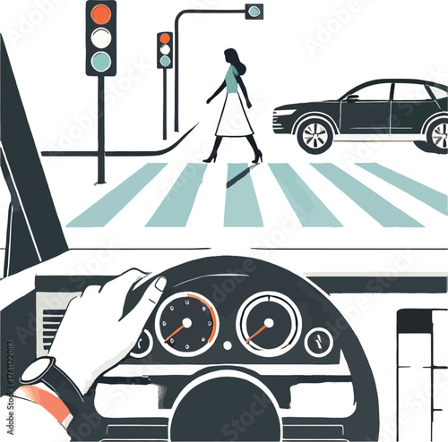 Woman crossing street at crosswalk with car and traffic lights