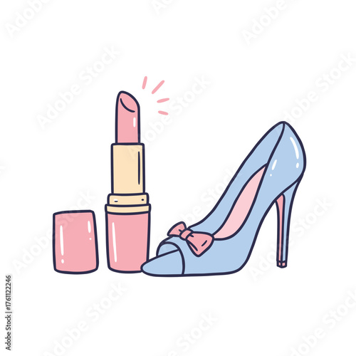 High heel shoe and pink lipstick on white background  