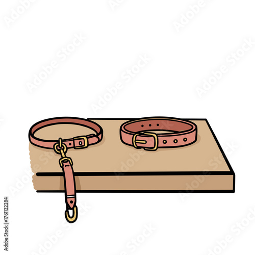 Dog collars and leash on a wooden surface  