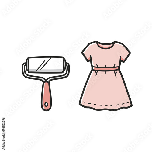 Pink dress and paint roller in flat design style  