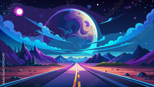 Very beautiful night road glowing under half-moon and Milky Way galaxy, illuminating a mysterious landscape that blends stillness, wonder, and cosmic beauty, symbolizing introspection and infinite 