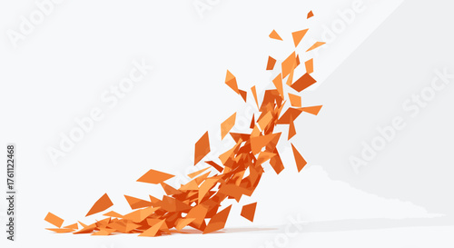 A dynamic explosion of numerous vibrant orange geometric fragments shatters and scatters across a clean white background, creating an energetic abstract design.