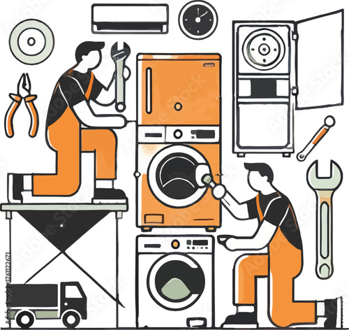 Appliance repairmen fixing washing machine and dryer